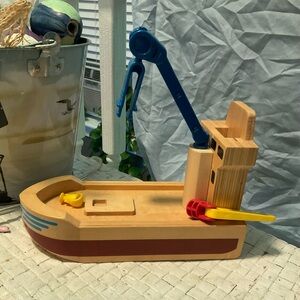 Wooden Toy Boat with Blue Crane